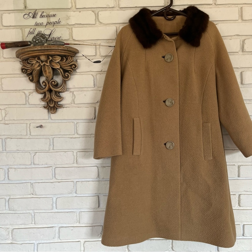 Classic Camel Wool Coat with Dark Brown Mink Fur Collar